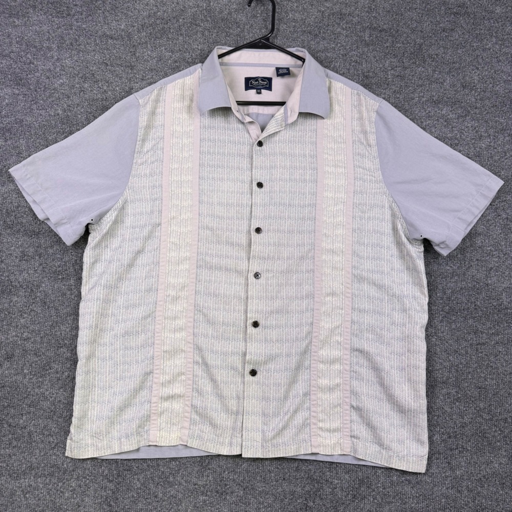 Nat Nast Luxury Originals Mens XL Silk Cotton Chevron Panel Camp Shirt Grey XL